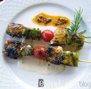 Brochetas de pollo con aguacates, tomatitos y salsa de yogur con pepinos, menú de recetas